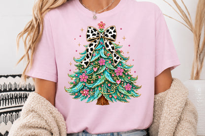Glamorous Christmas Tree PNG, Cow Print Bow Holiday Sublimation Design