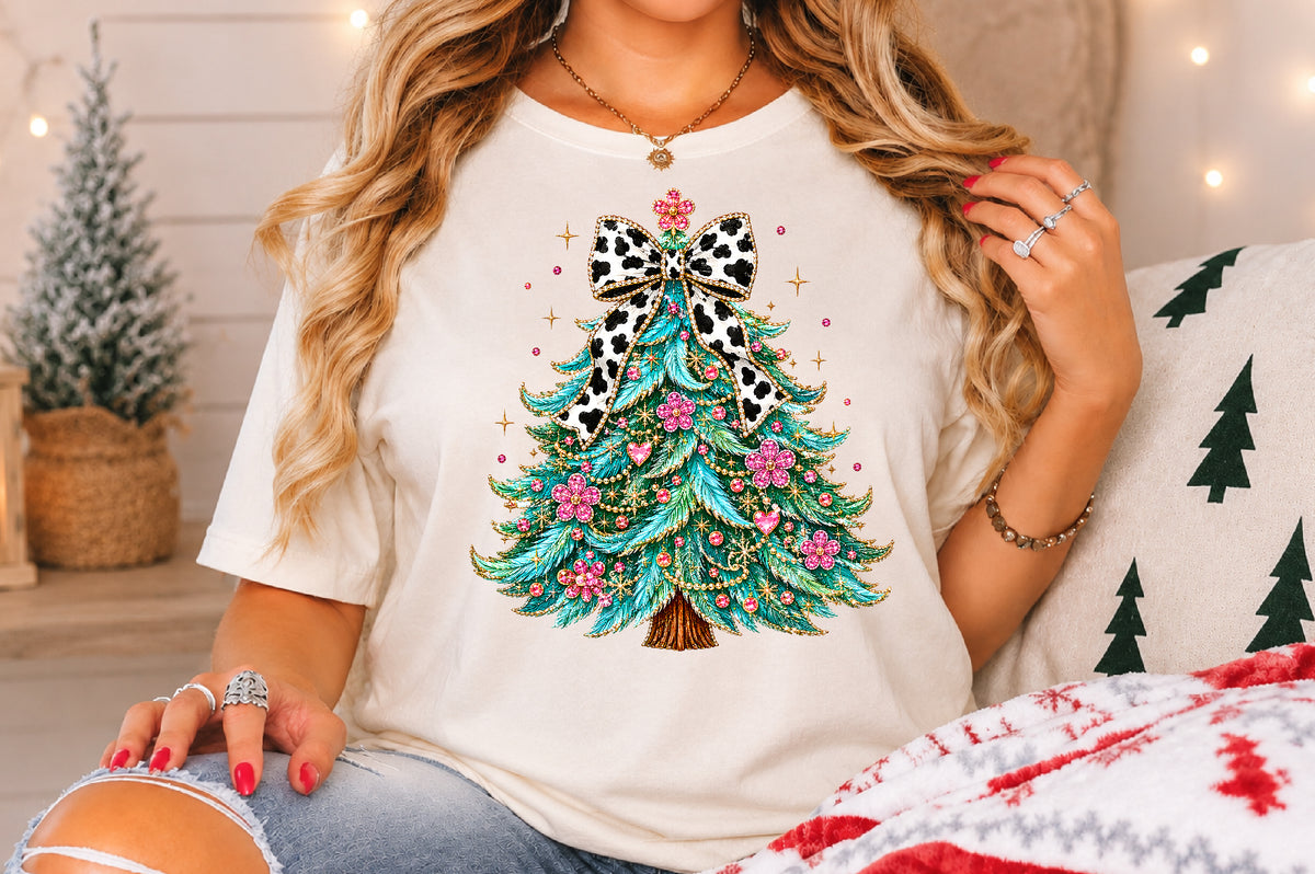Glamorous Christmas Tree PNG, Cow Print Bow Holiday Sublimation Design