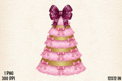 Glitter Coquette Pink Christmas Tree PNG Leopard Bow Sublimation