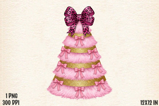 Glitter Coquette Pink Christmas Tree PNG Leopard Bow Sublimation