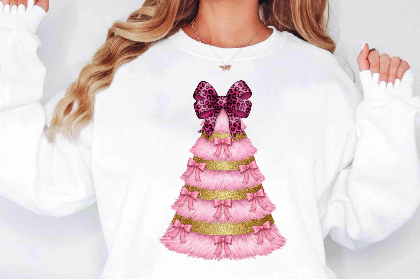 Glitter Coquette Pink Christmas Tree PNG Leopard Bow Sublimation
