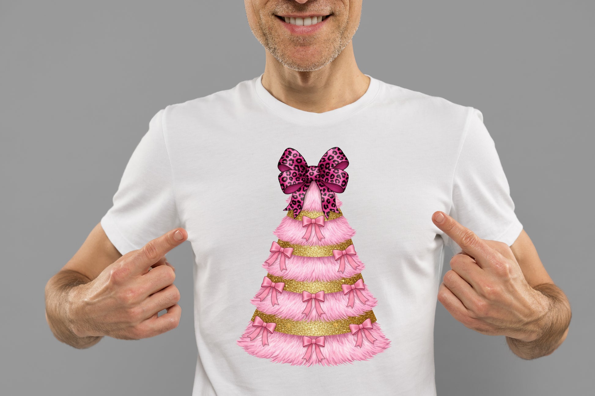 Glitter Coquette Pink Christmas Tree PNG Leopard Bow Sublimation