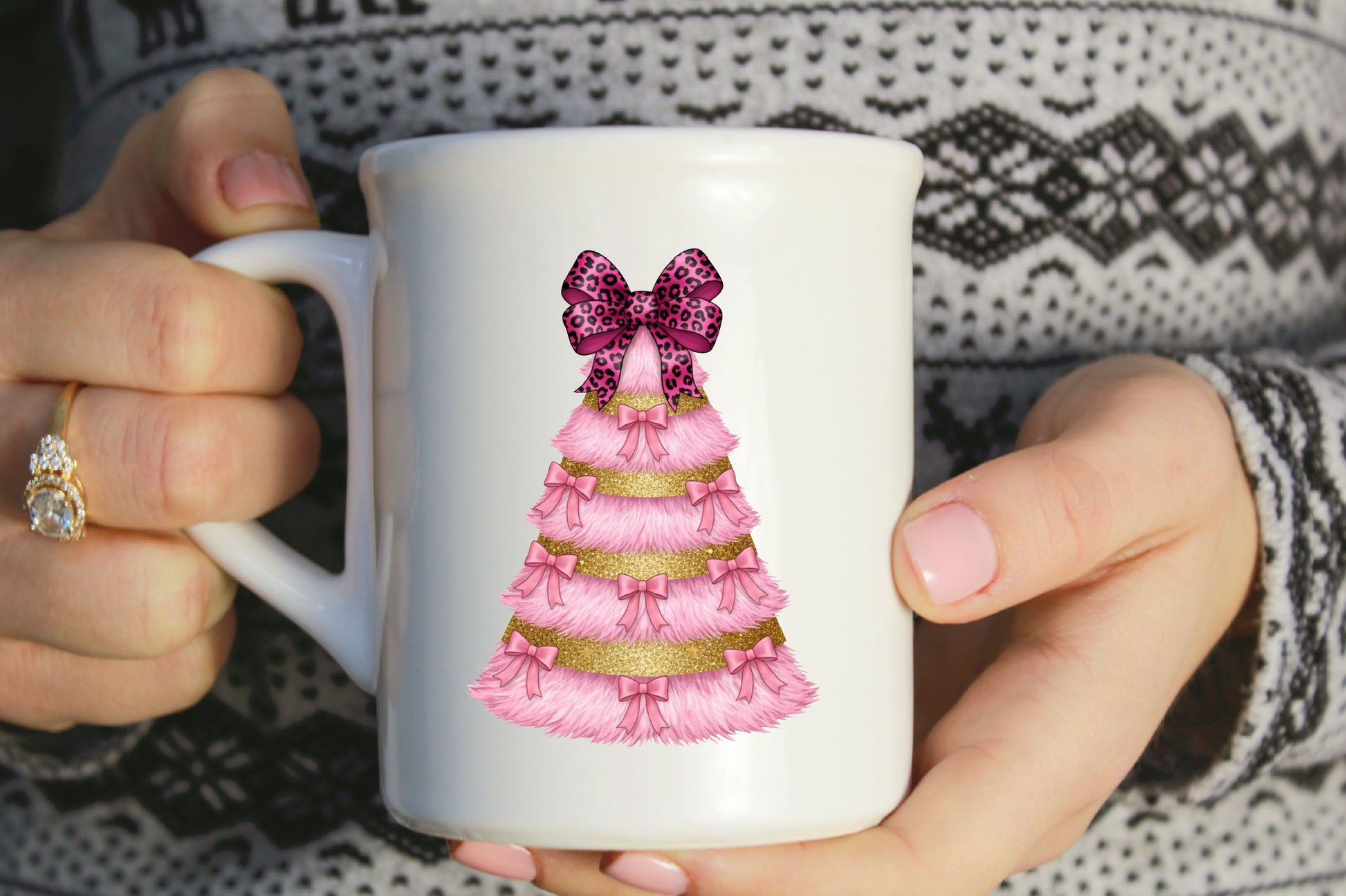 Glitter Coquette Pink Christmas Tree PNG Leopard Bow Sublimation