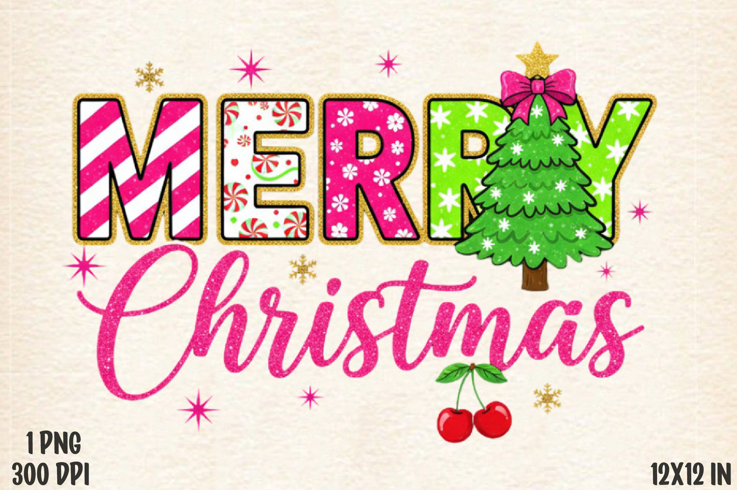 Glitter Merry Christmas PNG | Pink Christmas Tree Holiday Sublimation | Cute Merry Christmas Shirt Design