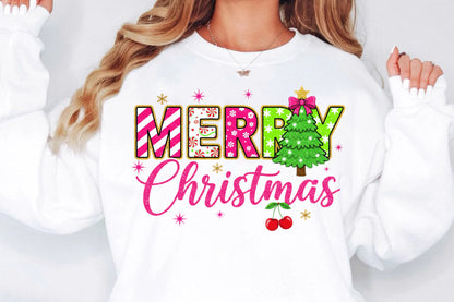 Glitter Merry Christmas PNG | Pink Christmas Tree Holiday Sublimation | Cute Merry Christmas Shirt Design