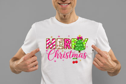 Glitter Merry Christmas PNG | Pink Christmas Tree Holiday Sublimation | Cute Merry Christmas Shirt Design