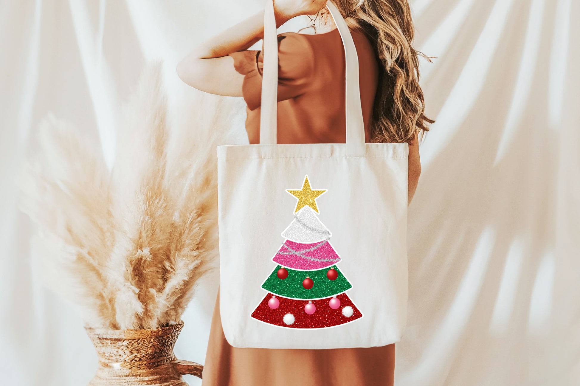 Glitter Patchwork Christmas Tree PNG Colorful Holiday Sublimation
