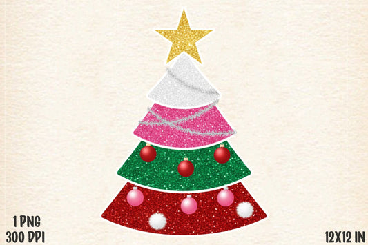 Glitter Patchwork Christmas Tree PNG Colorful Holiday Sublimation