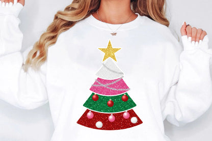 Glitter Patchwork Christmas Tree PNG Colorful Holiday Sublimation