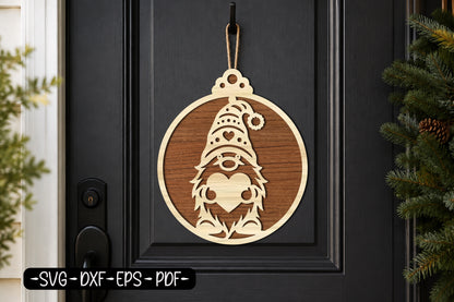 Christmas Gnome Heart Ornament SVG | Nordic Gnome Laser Cut SVG