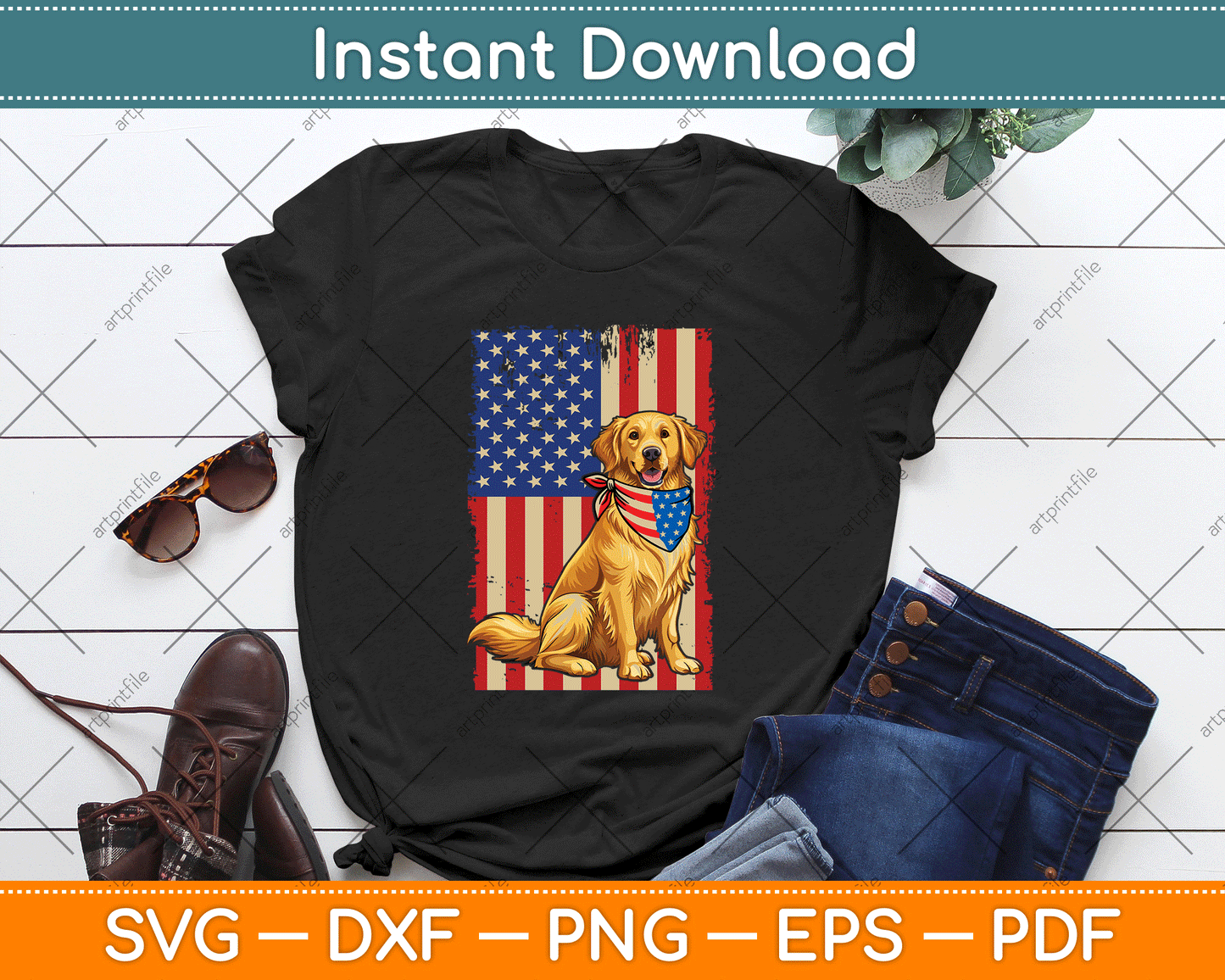 Golden Retriever American Flag Bandana 4th of July SVG Digital File