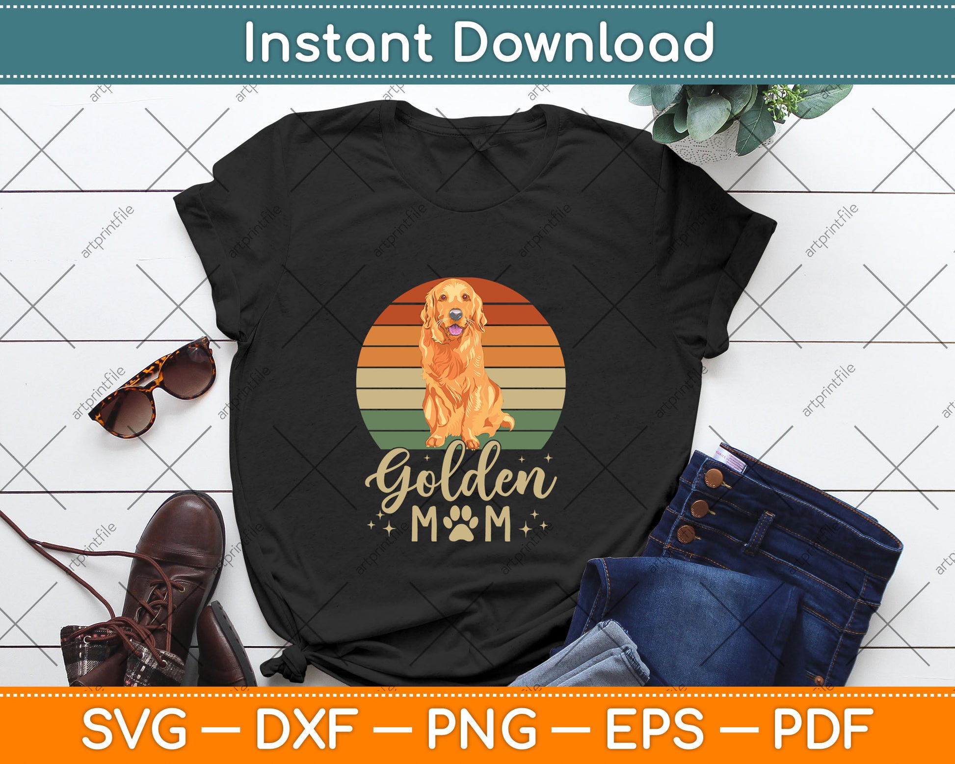 Golden Mom Retro Sunset Golden Retriever Mother’s Day SVG Digital Download