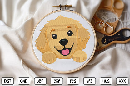 Golden Retriever Embroidery Design, Cute Dog Machine Embroidery Pattern, Adorable Puppy Face Embroidery Design
