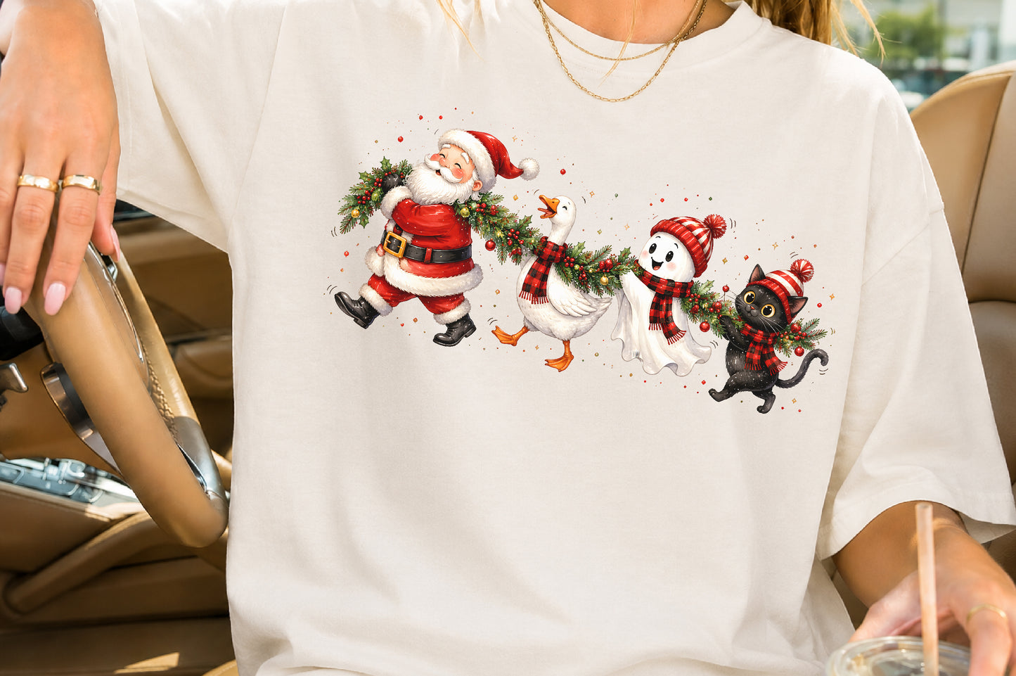 Cute Goose Ghost Black Cat Christmas PNG Santa Holiday Sublimation Design