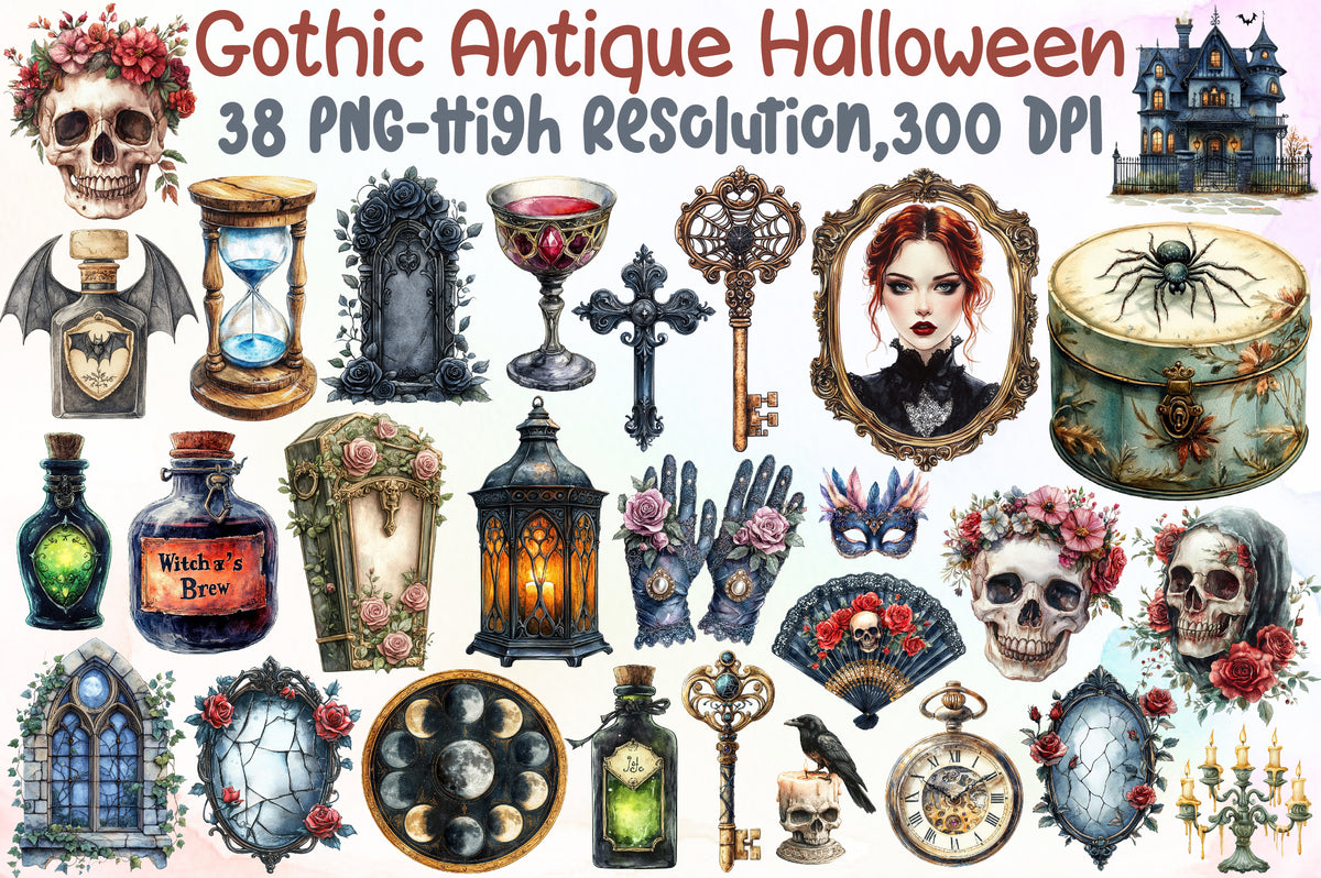 Gothic Antique Halloween Clipart Bundle PNG