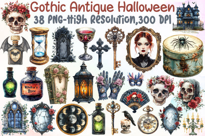 Gothic Antique Halloween Clipart Bundle PNG
