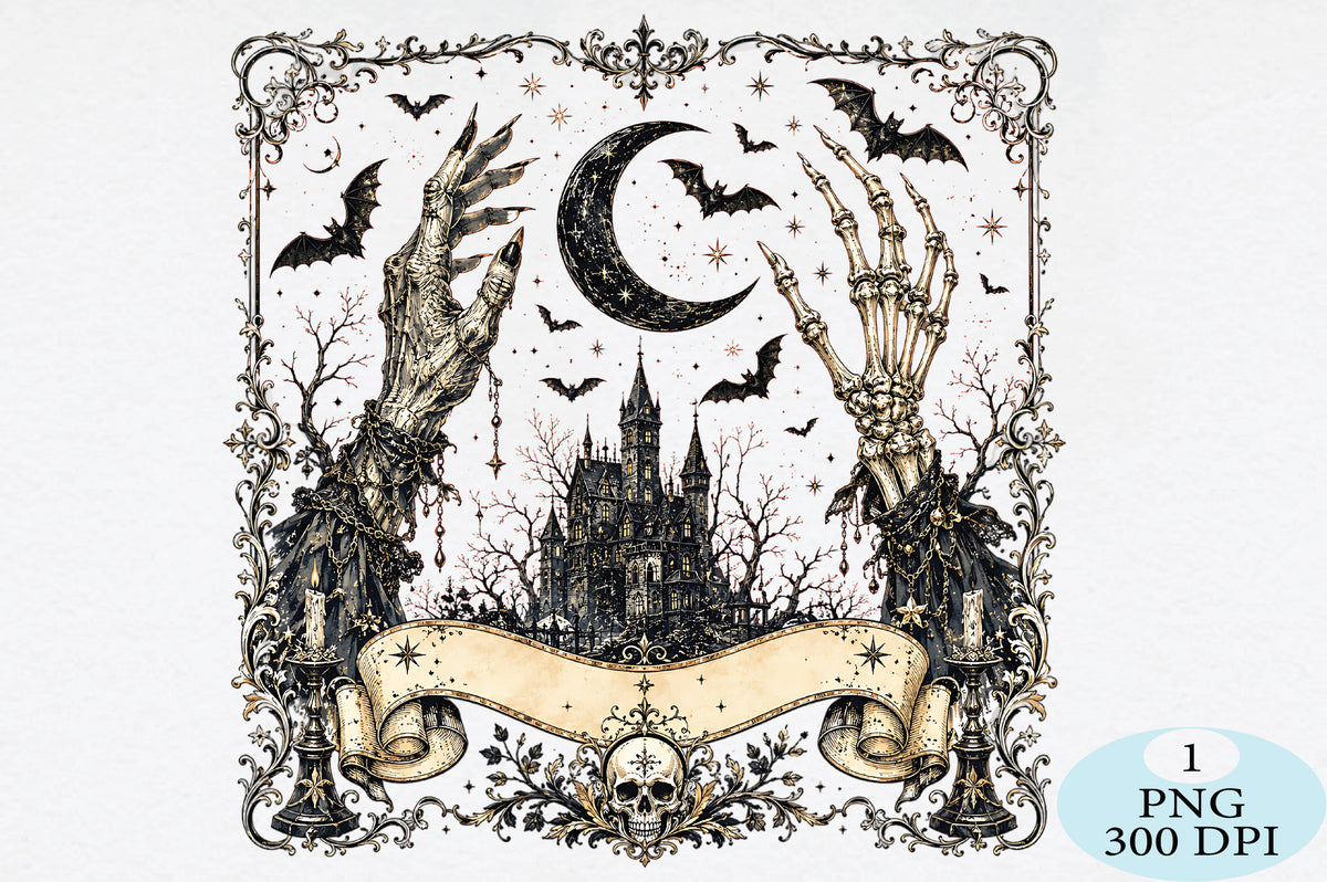 Gothic Halloween Skeleton Castle Dark PNG