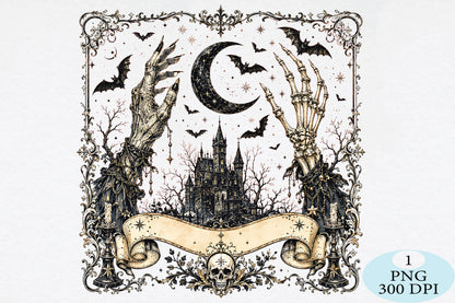 Gothic Halloween Skeleton Castle Dark PNG