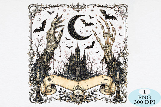 Gothic Halloween Skeleton Castle Dark PNG