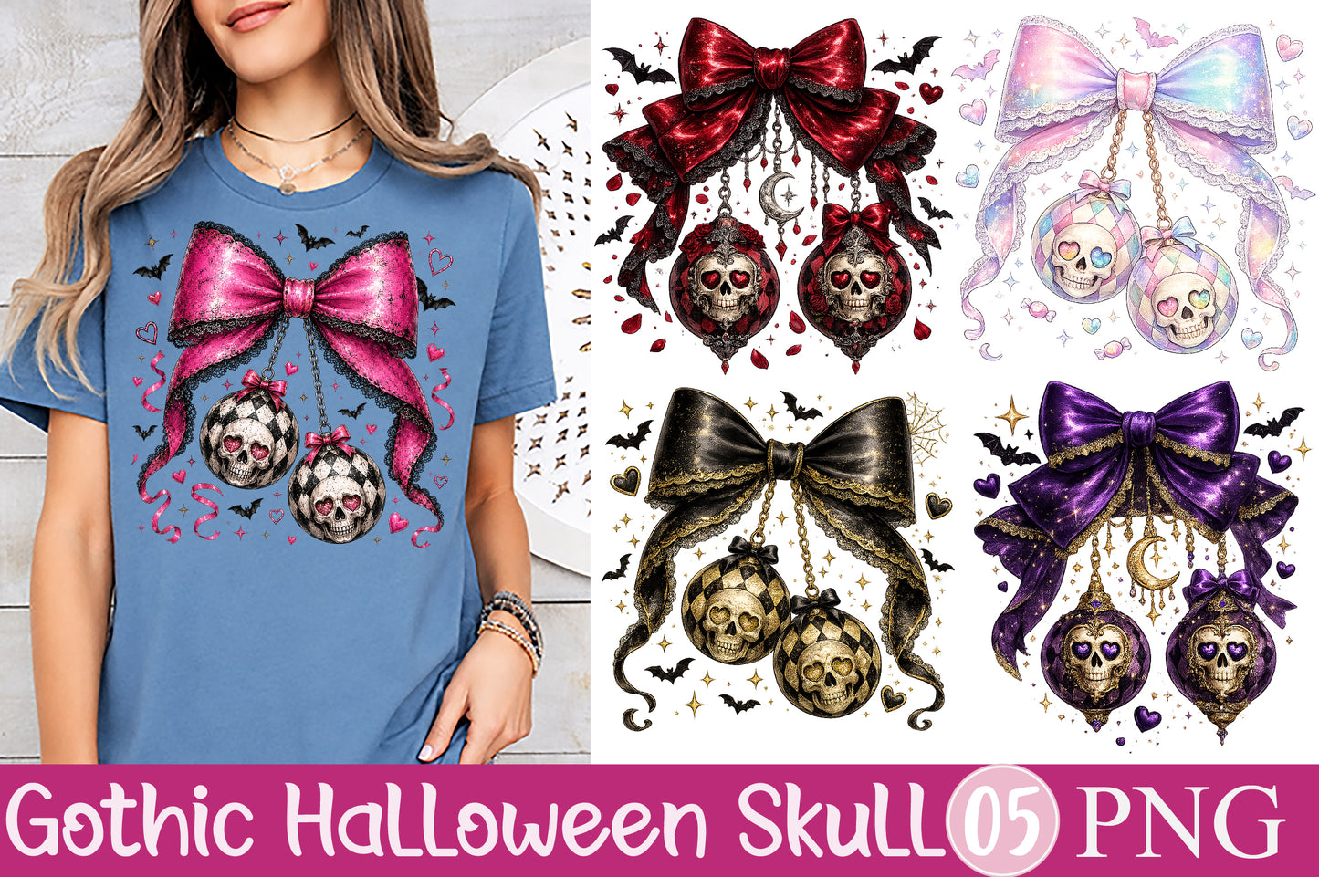 Gothic Halloween Skull Bow PNG Cute Spooky Sublimation