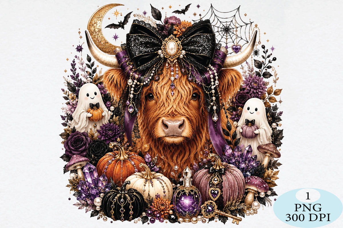 Gothic Highland Cow Halloween PNG
