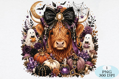 Gothic Highland Cow Halloween PNG