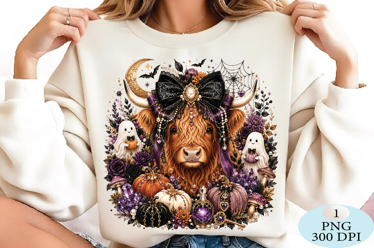 Gothic Highland Cow Halloween PNG