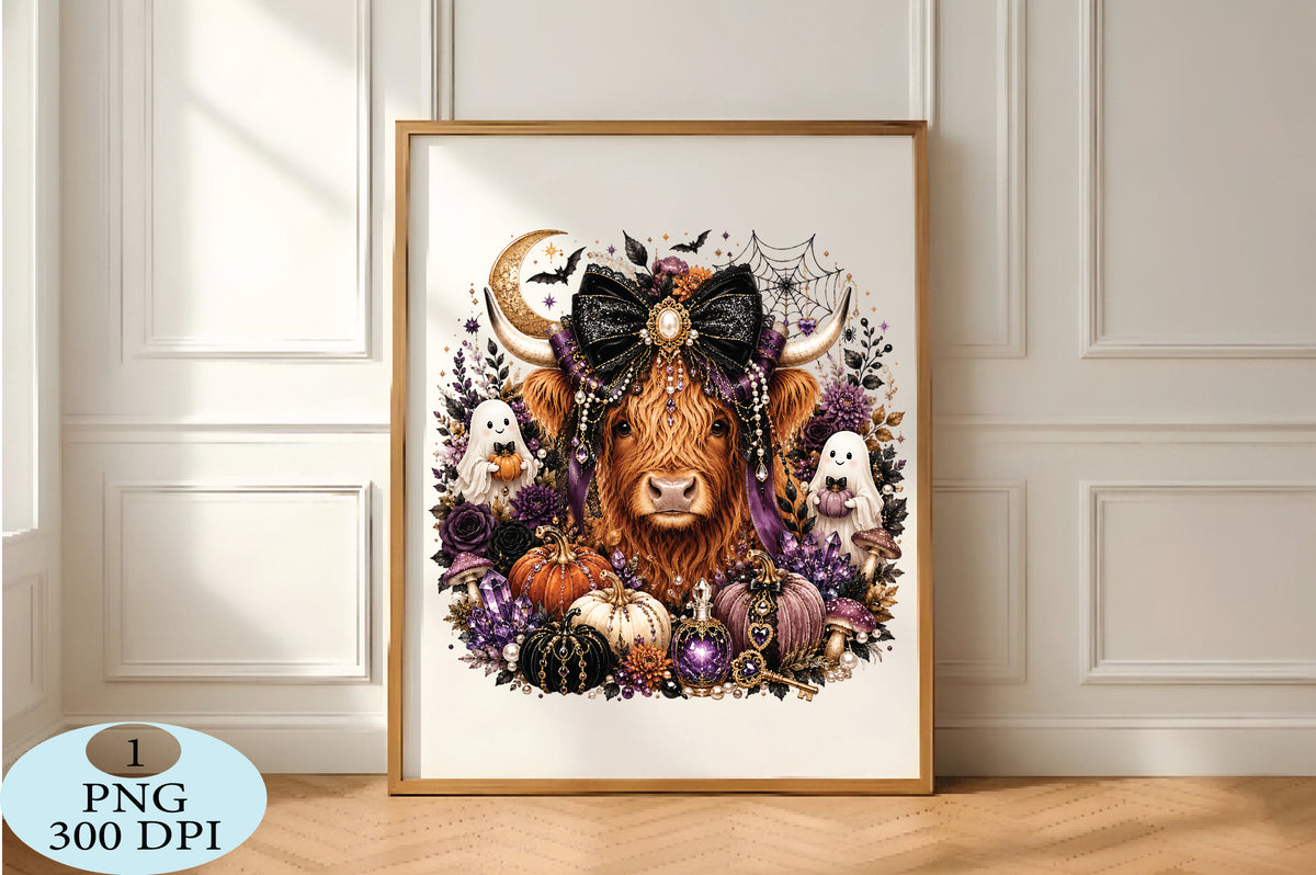 Gothic Highland Cow Halloween PNG