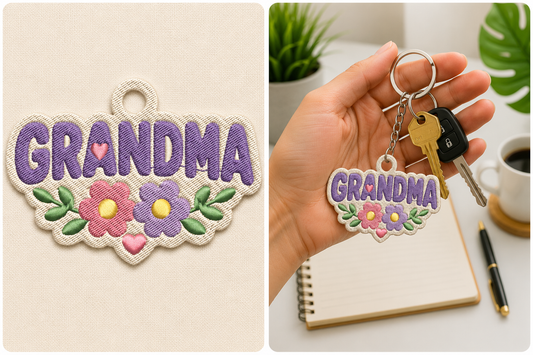 Grandma Keychain Embroidery Design – Cute Grandmother Machine Embroidery Pattern, Grandma Key Fob & Bag Charm Embroidery Design