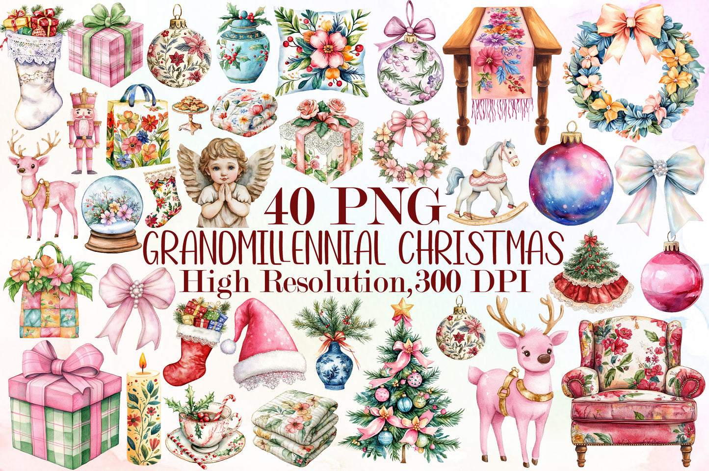 Grandmillennial Christmas PNG Clipart Bundle Floral Holiday Decor