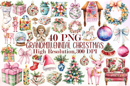 Grandmillennial Christmas PNG Clipart Bundle Floral Holiday Decor