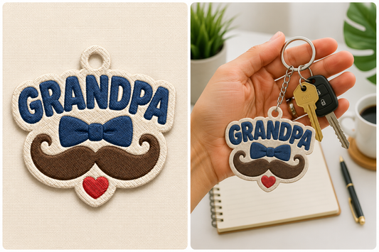 Grandpa Keychain Embroidery Design – Cute Grandfather Machine Embroidery Pattern, Grandpa Key Fob & Bag Charm Embroidery Design