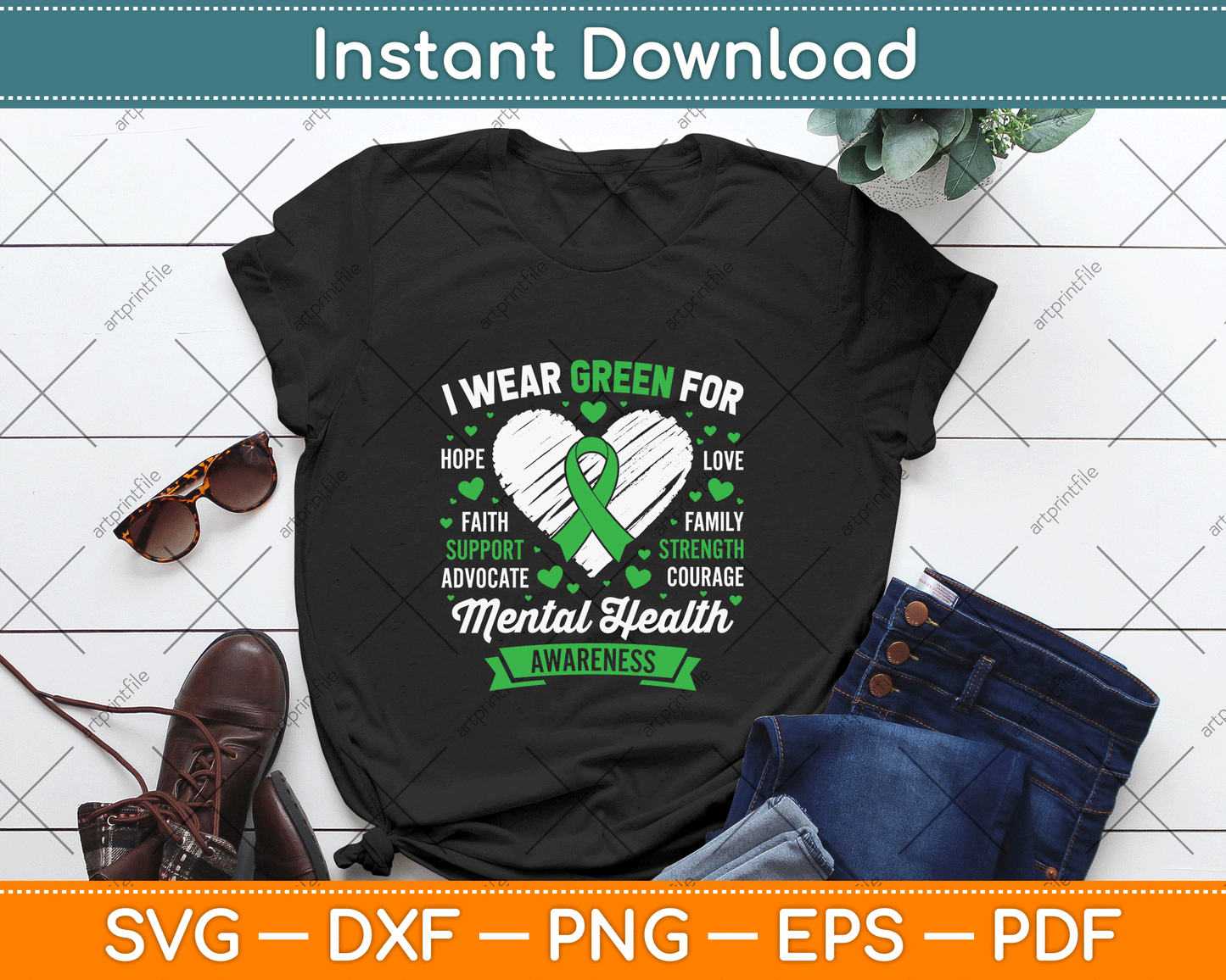 Green Ribbon Mental Health Awareness Month Support SVG Digital Cutting File