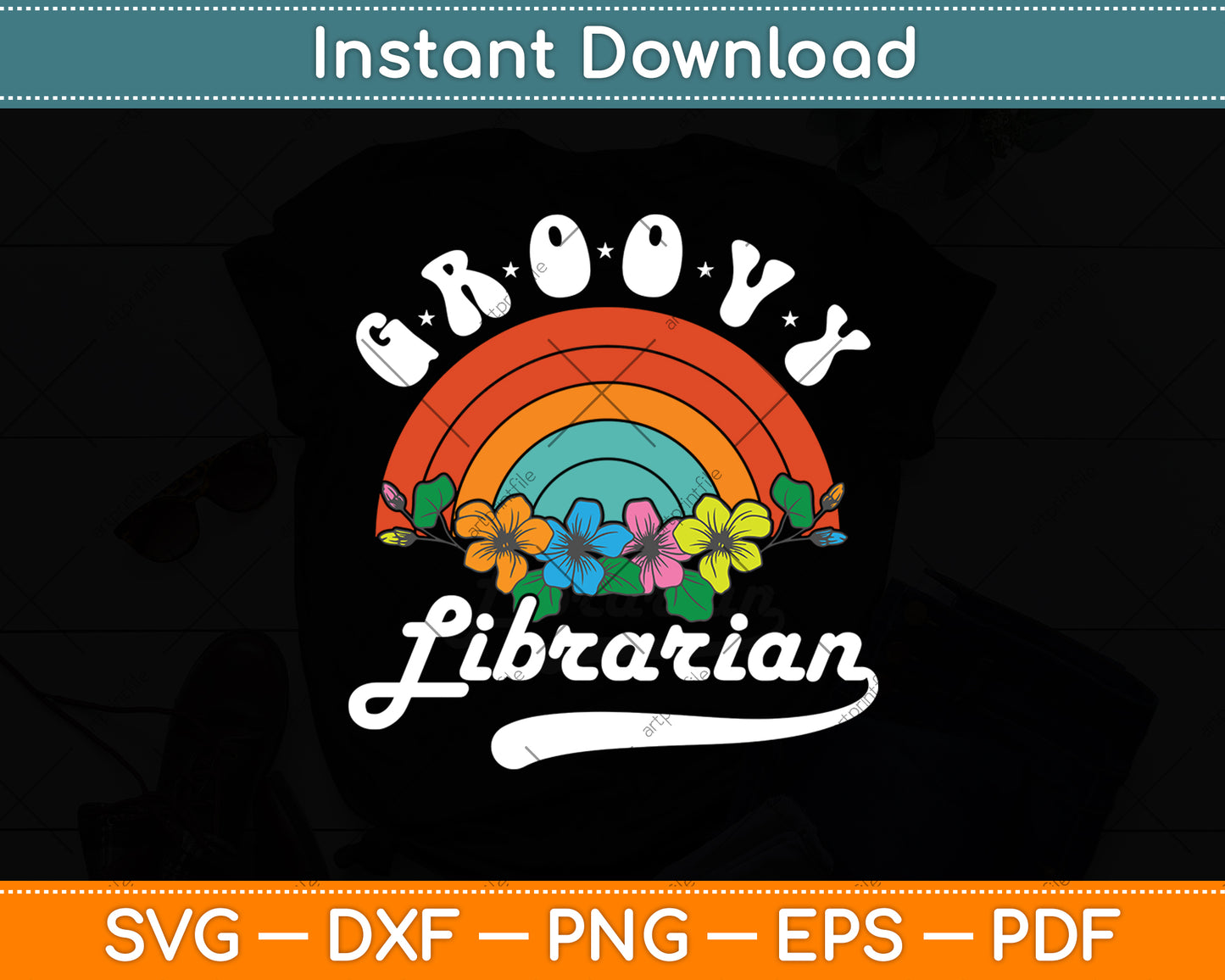 Groovy Librarian Retro Rainbow Svg Digital Cutting File