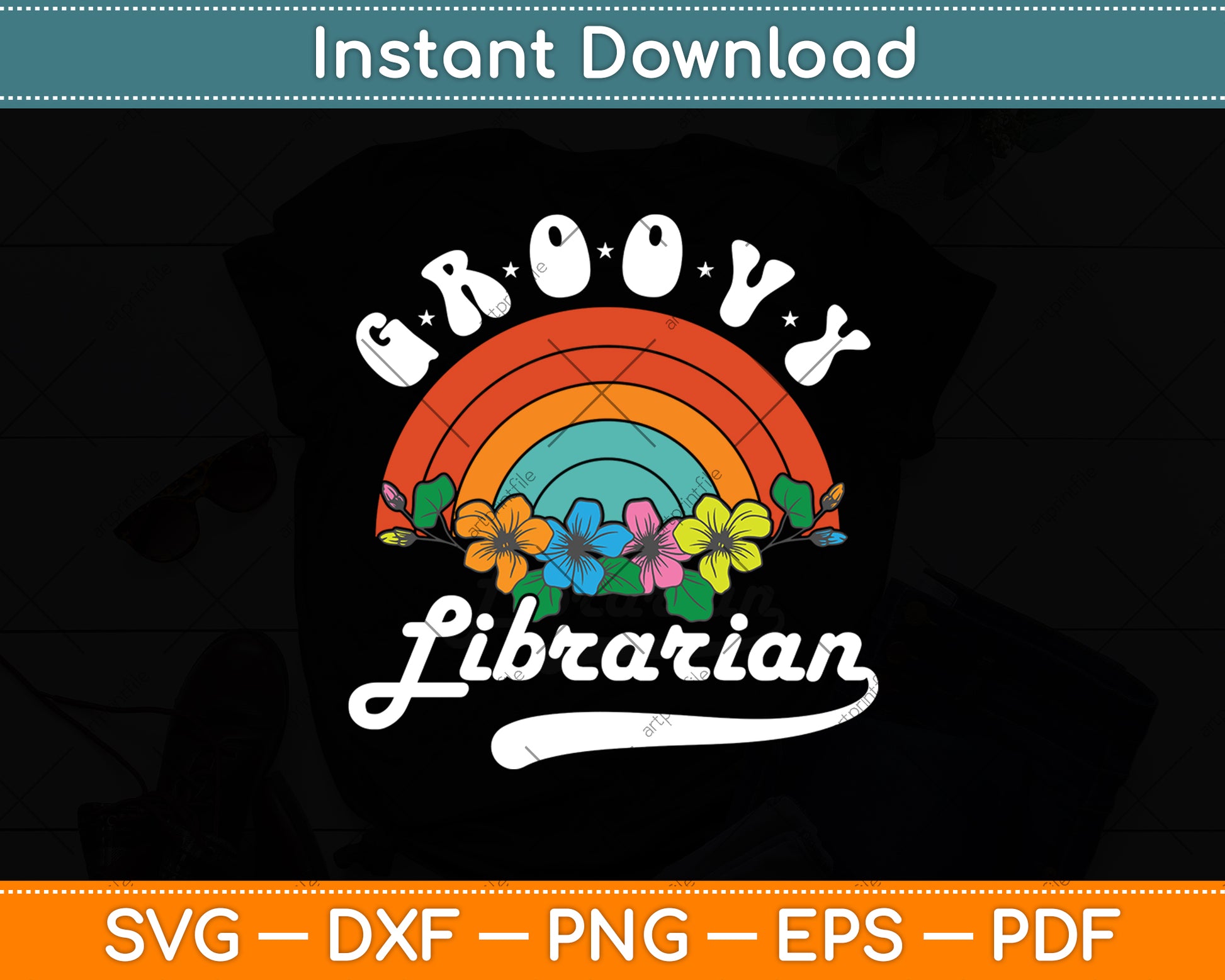 Groovy Librarian Retro Rainbow Svg Digital Cutting File