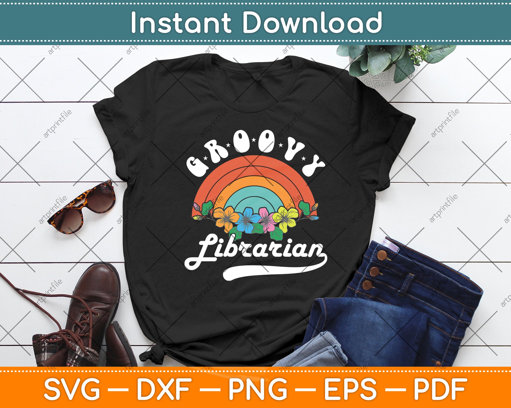 Groovy Librarian Retro Rainbow Svg Digital Cutting File