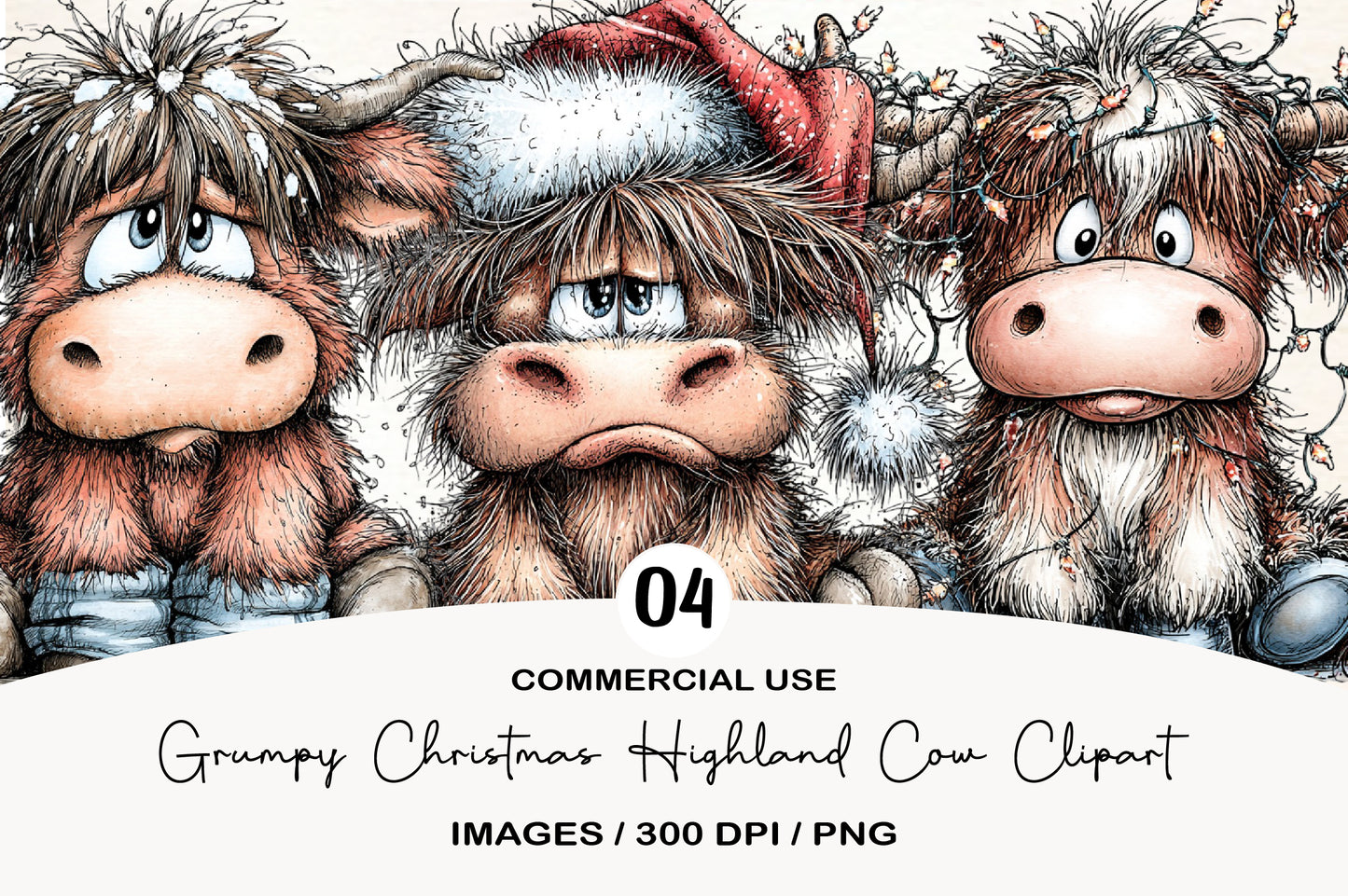 Grumpy Christmas Highland Cow Clipart PNG