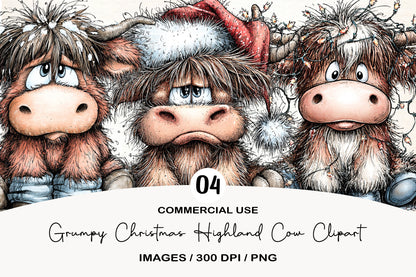 Grumpy Christmas Highland Cow Clipart PNG