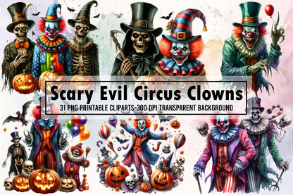 Scary Evil Circus Clowns Halloween PNG Clipart Bundle