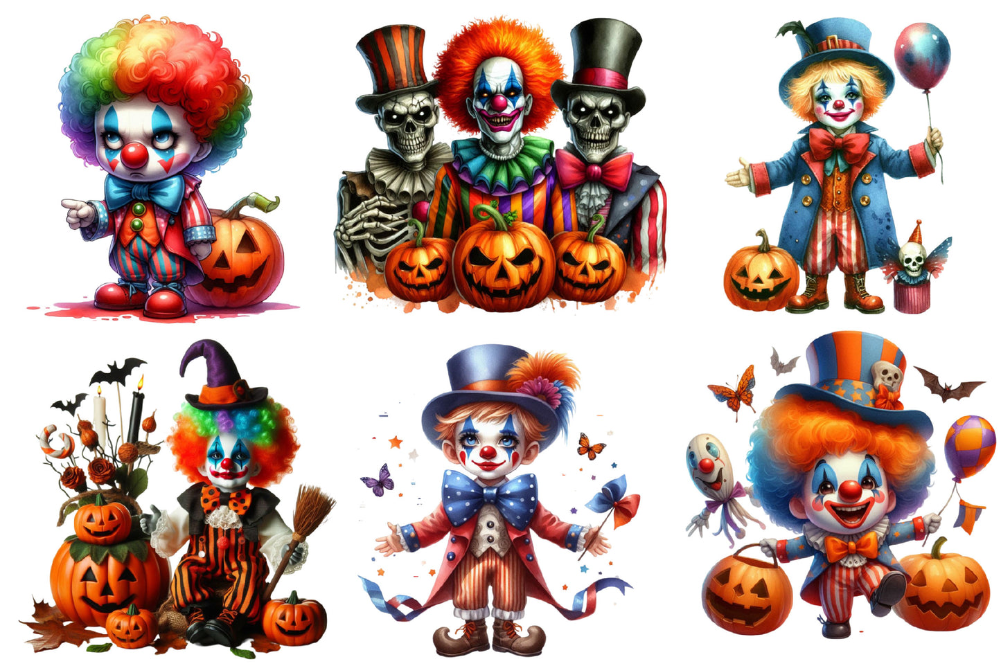 Scary Evil Circus Clowns Halloween PNG Clipart Bundle