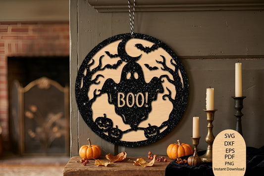 Halloween BOO Ghost Bat Laser Cut SVG, Halloween Ghost Bat Sign Cut File, Spooky BOO Wall Decor SVG