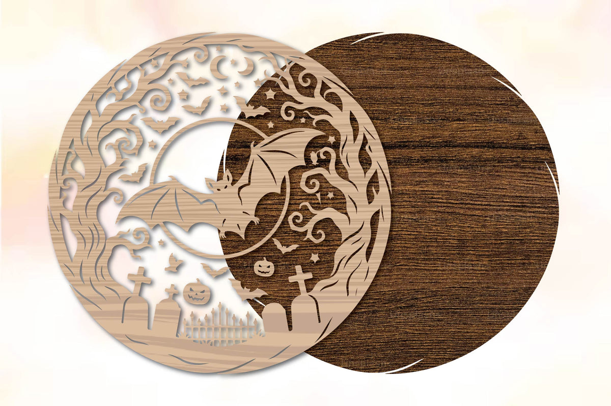Halloween Bat Moon Graveyard Laser Cut SVG