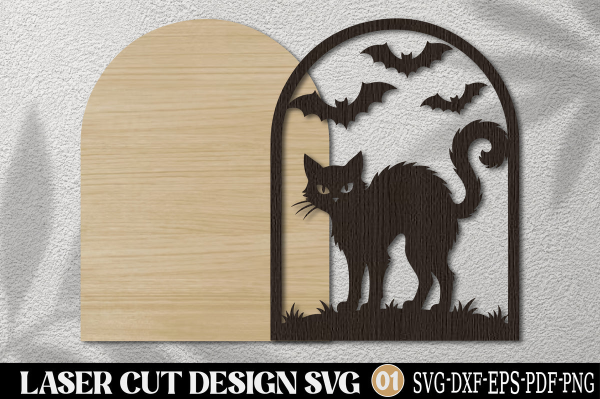 Halloween Black Cat & Bats Laser Cut SVG | Spooky Halloween Cat Design