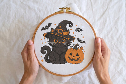 Halloween Black Cat Embroidery Design – Cute Spooky Black Cat Machine Embroidery Pattern, Halloween Animal Embroidery Design