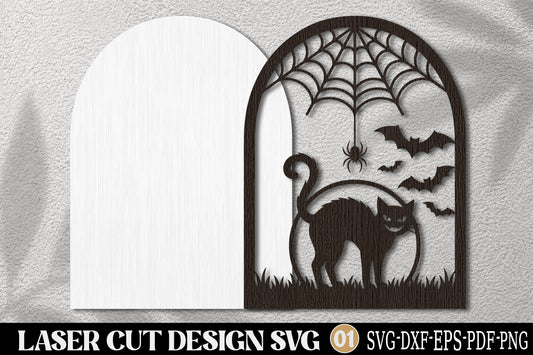 Halloween Black Cat Layered Laser Cut SVG | Spooky Cat Spider Web 3D Design