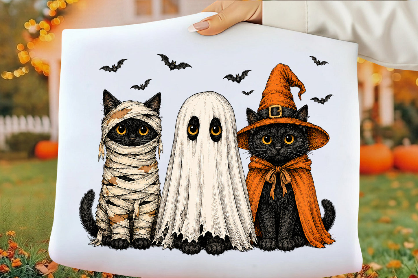 Halloween Black Cat PNG | Spooky Black Cats Ghost Witch Costume Pumpkin Bat Clipart | Cute Halloween Sublimation Design