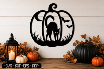 Halloween Black Cat Pumpkin SVG | Spooky Cat Laser Cut SVG