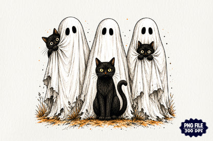 Halloween Black Cats Ghost PNG Cute Spooky Haunted Ghosts Sublimation