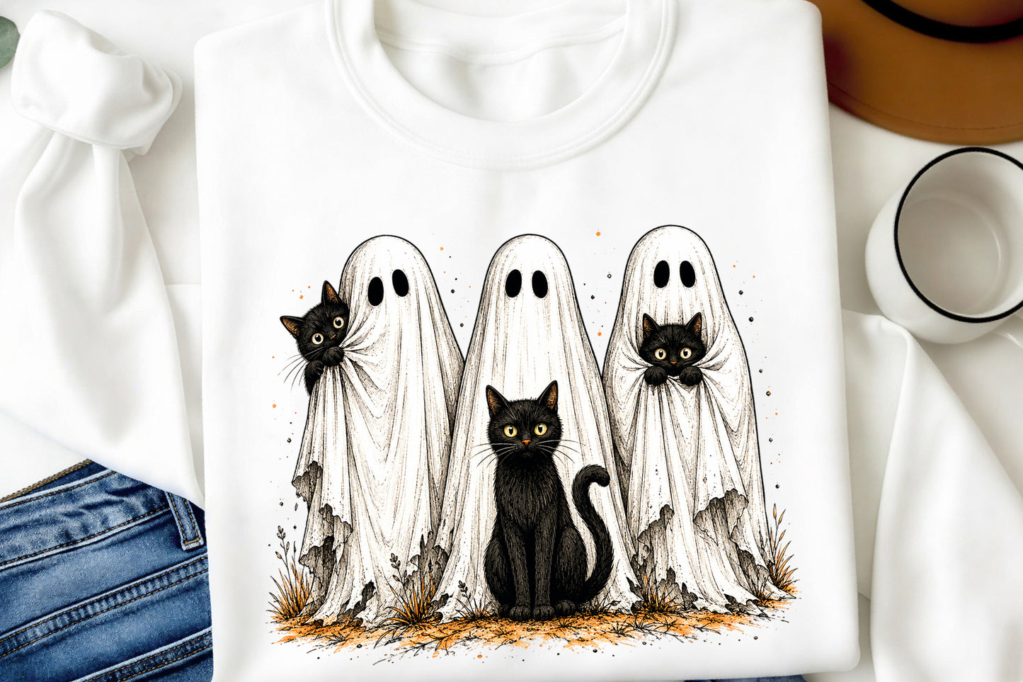 Halloween Black Cats Ghost PNG Cute Spooky Haunted Ghosts Sublimation