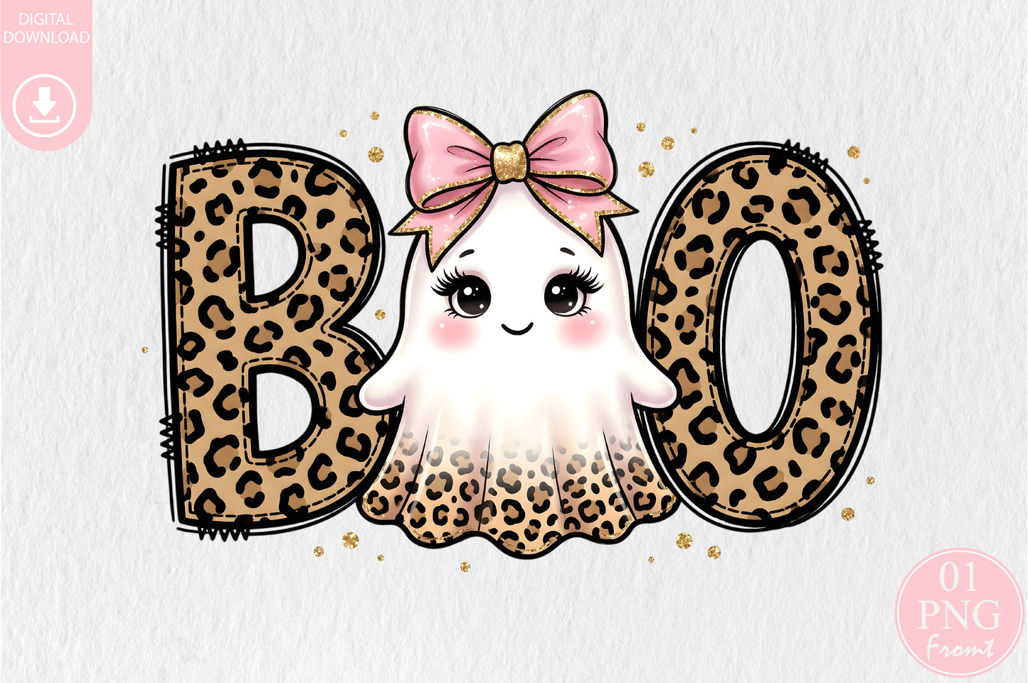 Halloween Boo Cute Ghost PNG Leopard Bow Spooky Sublimation Design